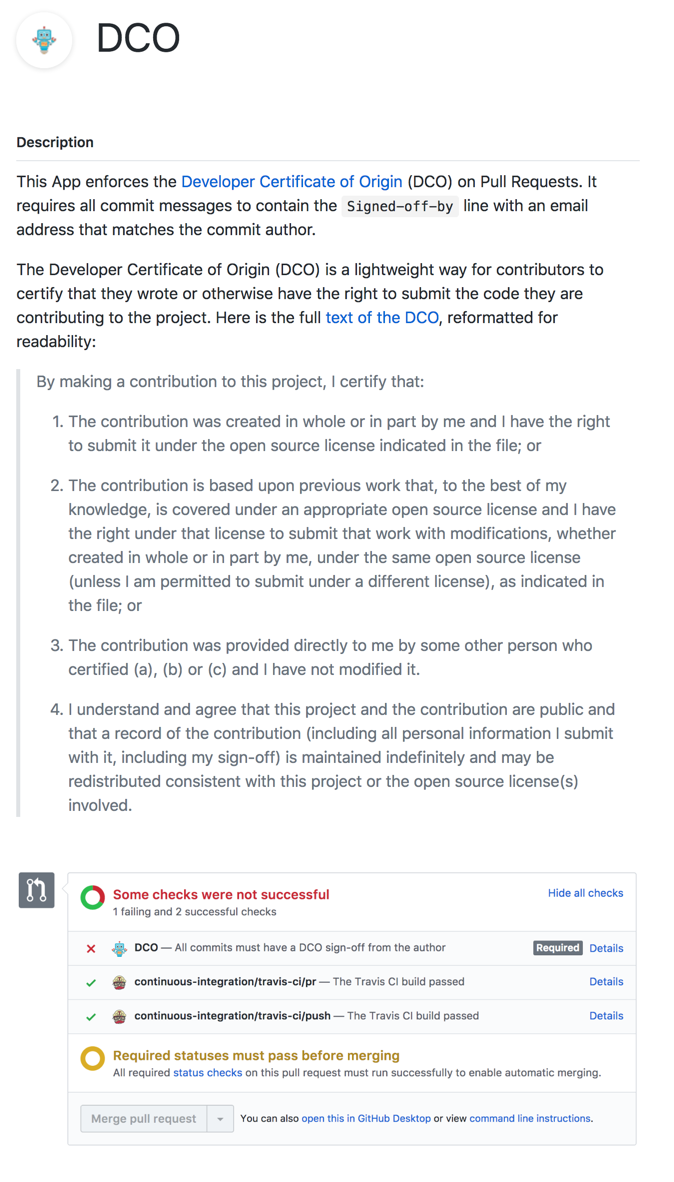 screenshot: the Developer Certificate of Origin is enforced using this GitHub app