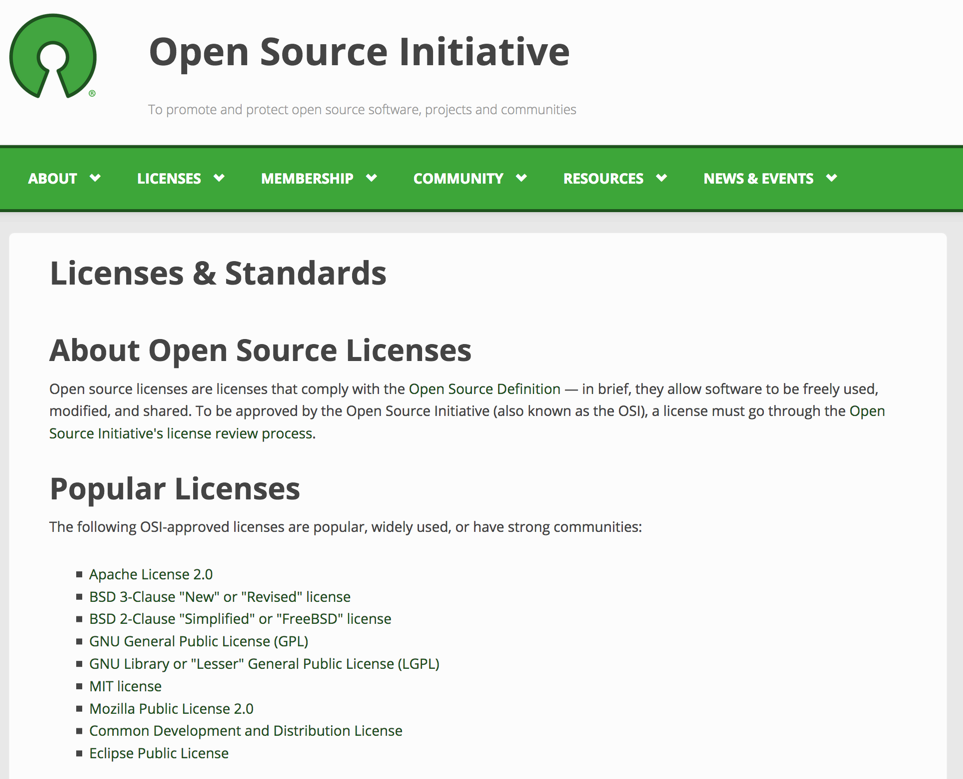 screenshot of list of open-source lienses