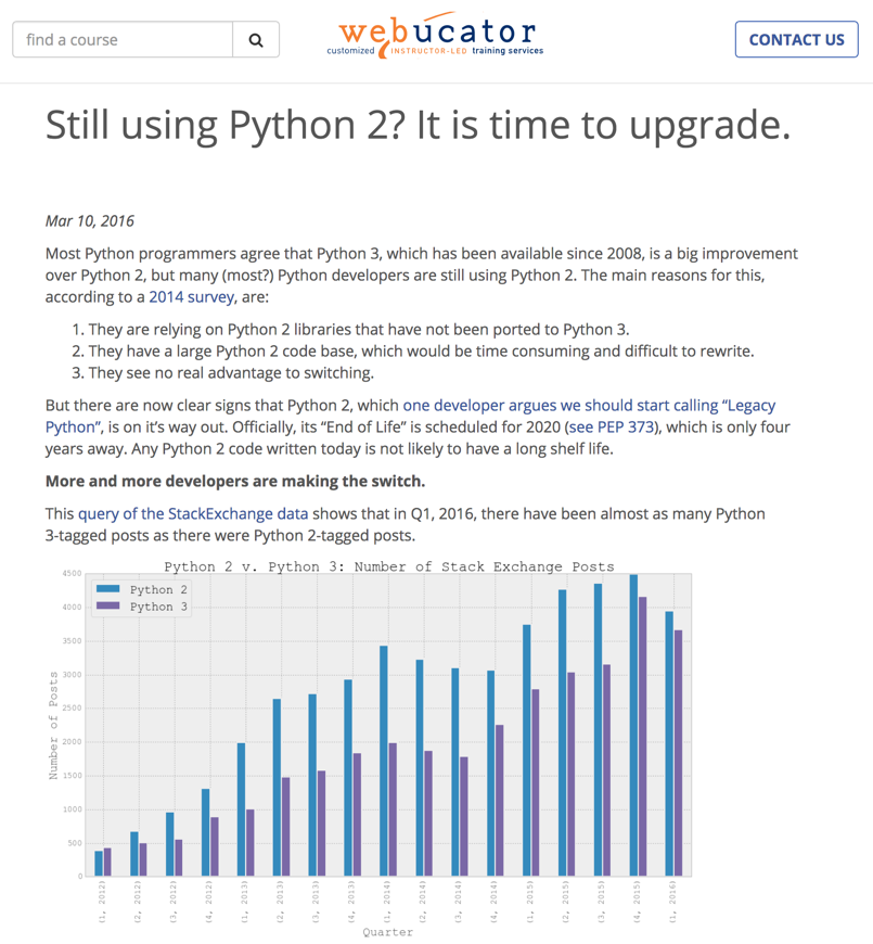 screenshot of a report on Python 2 and Python 3 usage levels over time