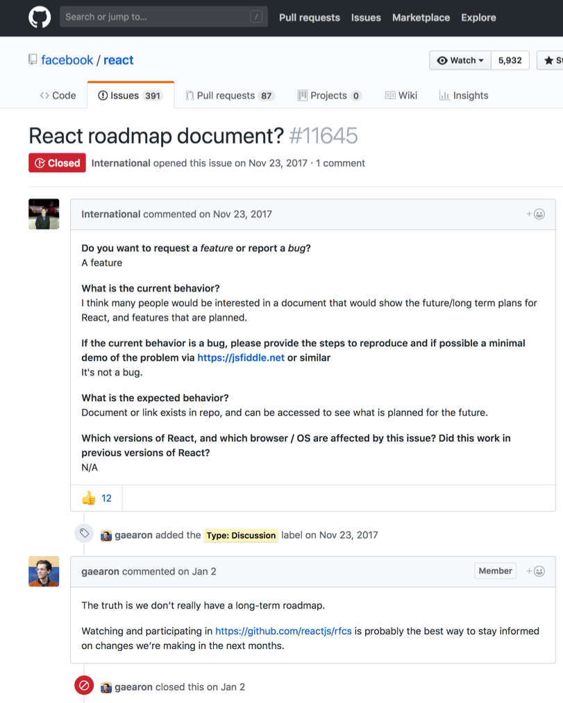 screenshot of a ReactJS issue thread discussing the lack of a project roadmap