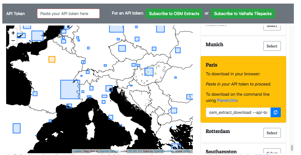 screenshot of OSM Extracts website