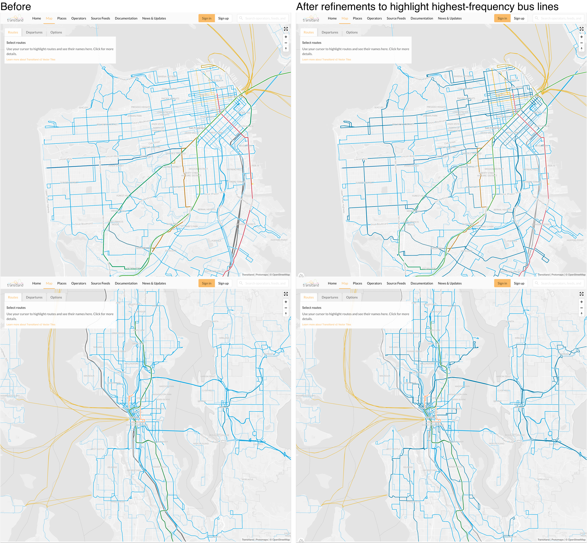 screenshots of Transitland global transit map before and after changes to bus frequency styling