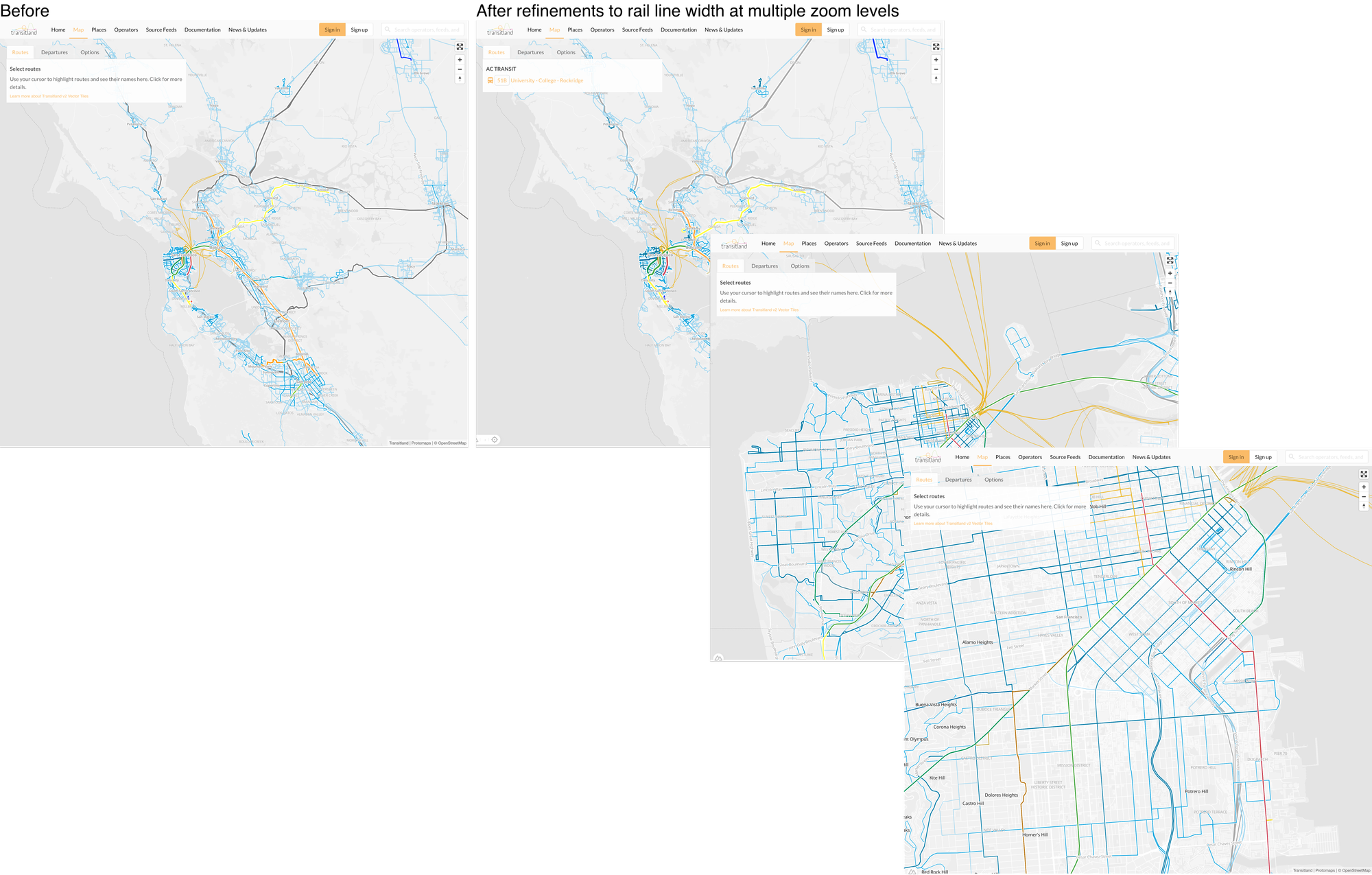 screenshots of Transitland global transit map before and after changes to rail styling