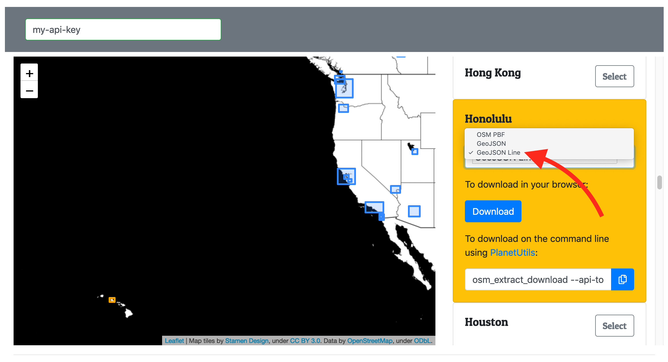 terminal showing usage of HERE CLI to upload OSM Extract in GeoJSONL format