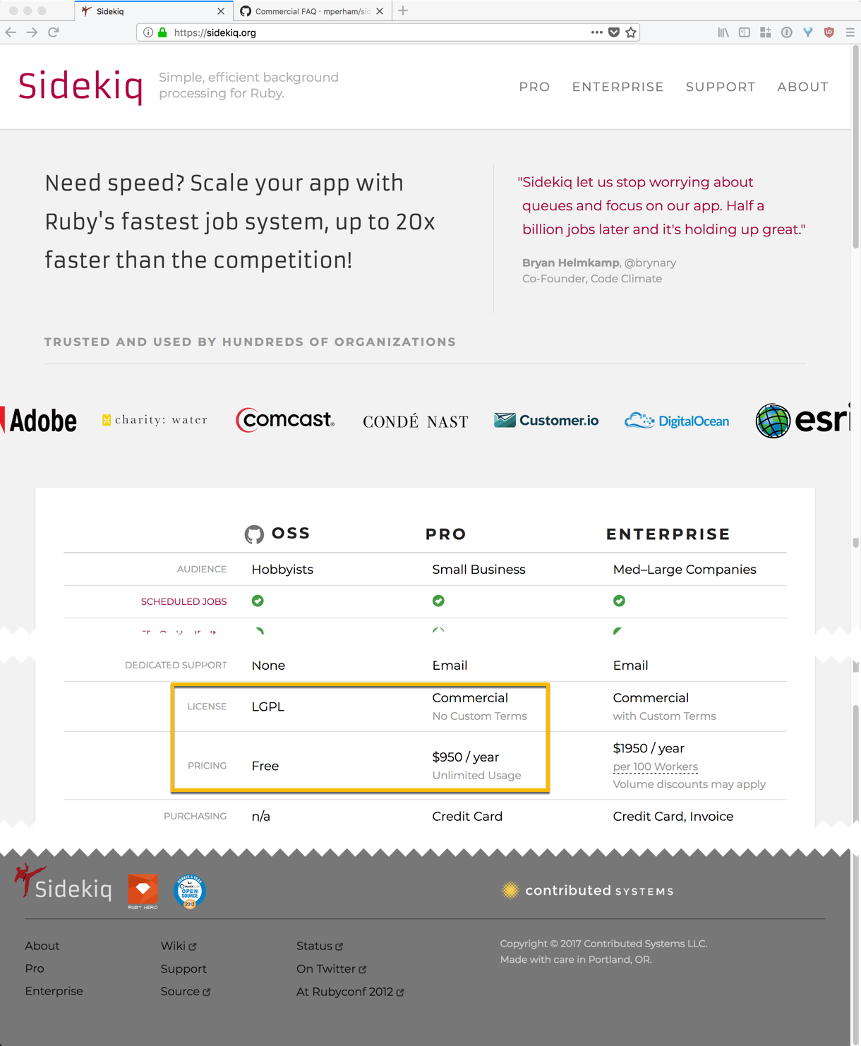 the Sidekiq project is available under two licenses, shown in this screenshot