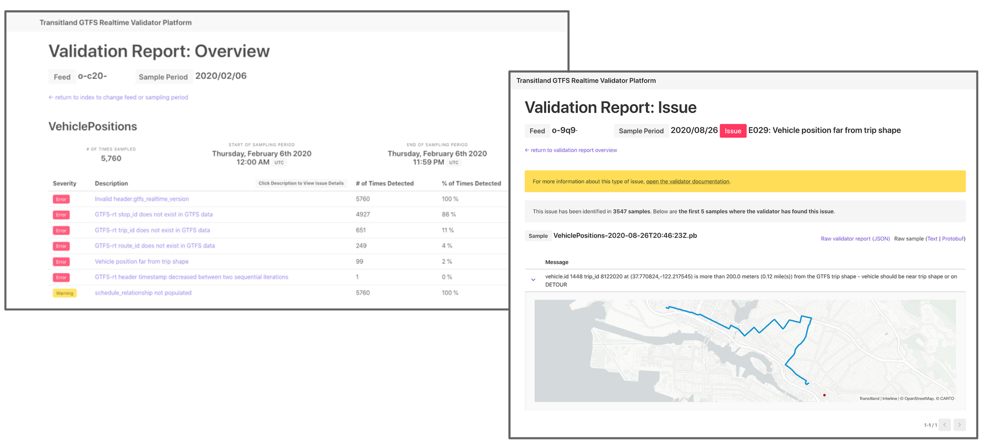 screenshots of the Transitland GTFS Realtime validation reports