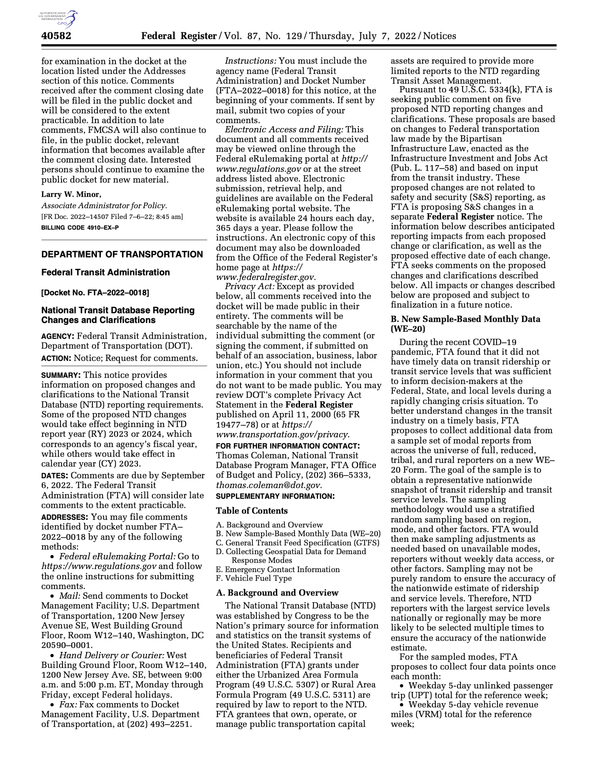 first page of FTA's notice and request for comments regarding additions to the NTD reporting process