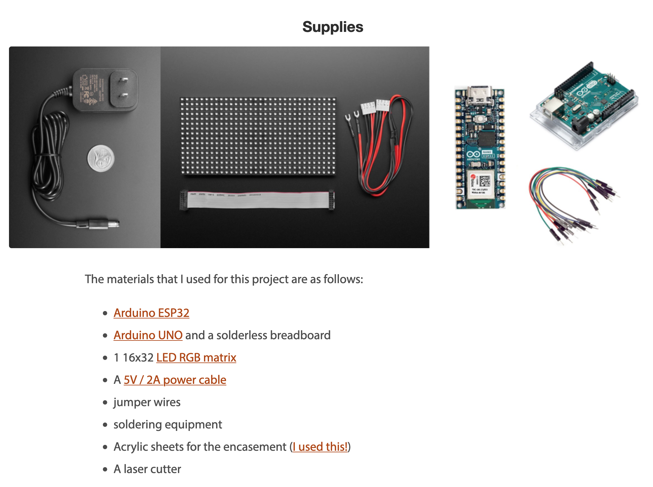 picture and list of supplies needed for the project, including an Arduino board, an LED RGB matrix, and wires